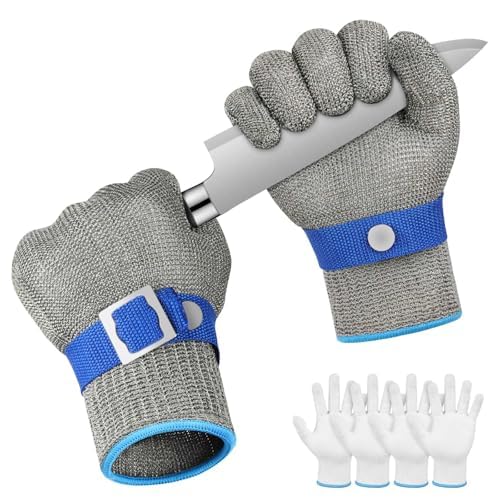 flintronic 2 Cut Resistant Gloves, Level 9 Protection Stainless Steel Mesh Cut Proof Gloves, Safety Work Gloves with 4 Cotton Gloves, for Kitchen Butcher, Wood Whittling, Oyster Shucking(XL)