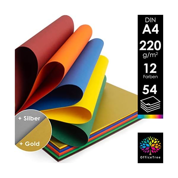 OfficeTree 54 x Tonkarton A4 Bunt - 220g Bastelkarton Bunt - 10 Farben - Bunte Pappe zum Basteln und Gestalten - Plus 2 Gold- und 2 SilberbÃ¶gen – Bild 3