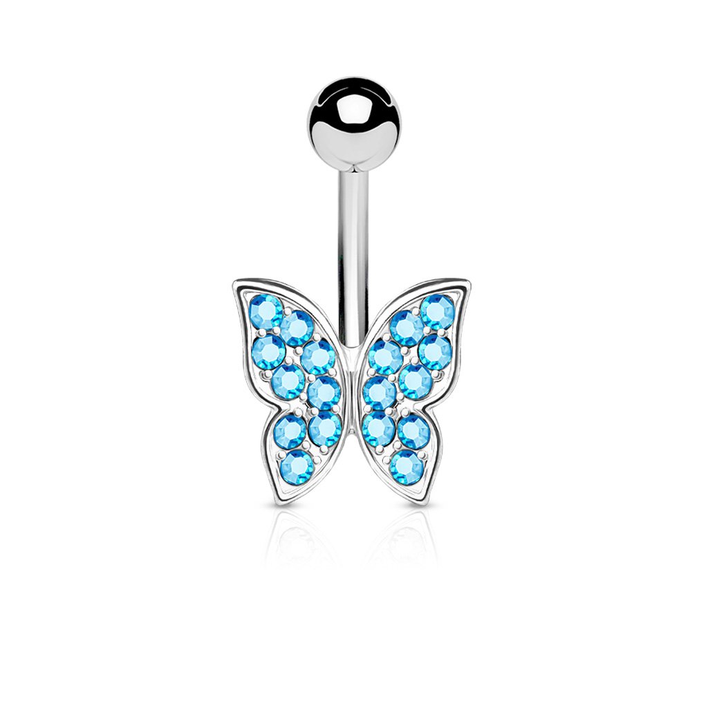 PiercedOff 316L Surgical Steel Belly Bar with 12mm Aqua CZ Butterfly - Bar Length 10mm