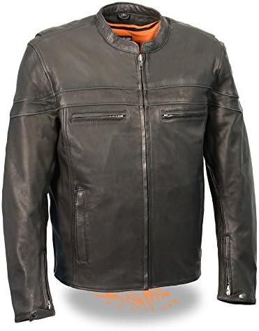 Men's Old School Vented Open Collar Motorcycle Jacket w/Dual Inside Conceal Weapon Gun Pockets (Large)