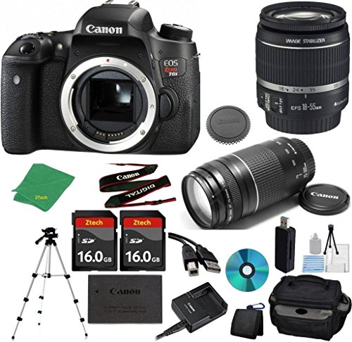 Canon EOS Rebel T6s Camera with 18-55mm IS STM Lens + 75-300mm III Zoom + 2pcs 16GB Memory + Camera Case + Card Reader + Professional Tripod + 6pc Starter Set - International Version Canon EOS Rebel T6s Camera with 18-55mm IS STM Lens + 75-300mm III Zoom + 2pcs 16GB Memory + Camera Case + Card Reader + Professional Tripod + 6pc Starter Set - International Version