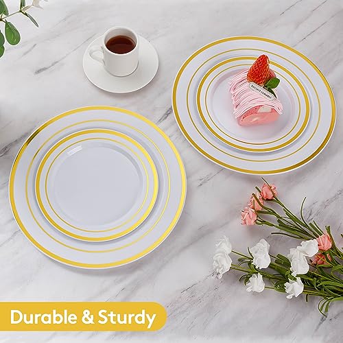 Goodluck 200PCS Gold Plastic Plates, Heavy Duty Disposable Gold Plates with 100 10.25 inch Dinner Plates and 100 7.5 inch Dessert Plates for Party, Holiday, Wedding, Thanksgiving