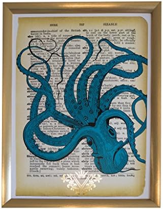 11x16 inches Blue Octopus Upcycled Vintage Dictionary Art with Golden Magnificent Monograms Print