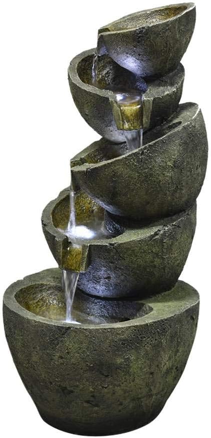 jkbfyt 5-Tier Flowing Bowls Waterfall Fountain, Cascading with LED Light for Outdoor Garden