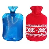 iCorer Premium Classic PVC Transparent Hot Water Bottle with Cute Knit Cover , 2 Liter , Red Snowflake