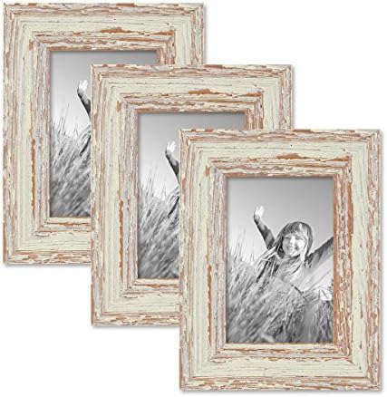 PHOTOLINI Set of 3 Picture Frames with Dimensions of 4 x 6 Inch, in White, Shabby-Chic, Vintage, Solid Wood, Including Accessories with Acrylic Glass