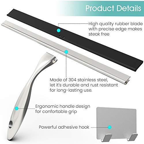 TopCharm Stainless Steel Squeegee Shower Cleaner for Shower Door, All Purpose Bathroom Window Mirror Car Door Shower Window Squeegee 16 Inch with Hook and 6.8 Inch Longer Handle - Thumbnail 3