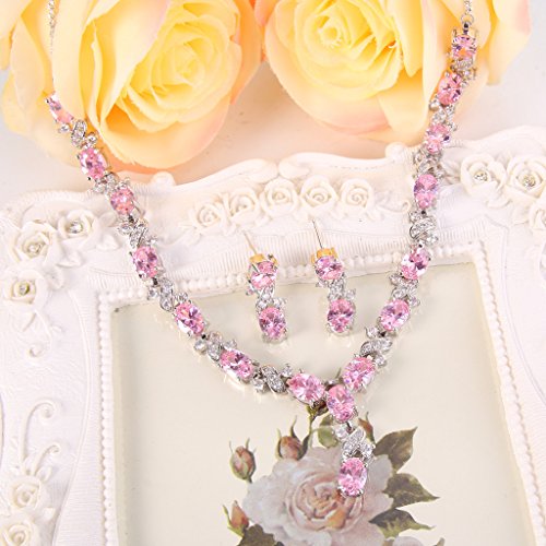 EleQueen Women's Silver-tone Cubic Zirconia Oval Shape Leaf Necklace Earrings Set For Brides And Weddings Pink