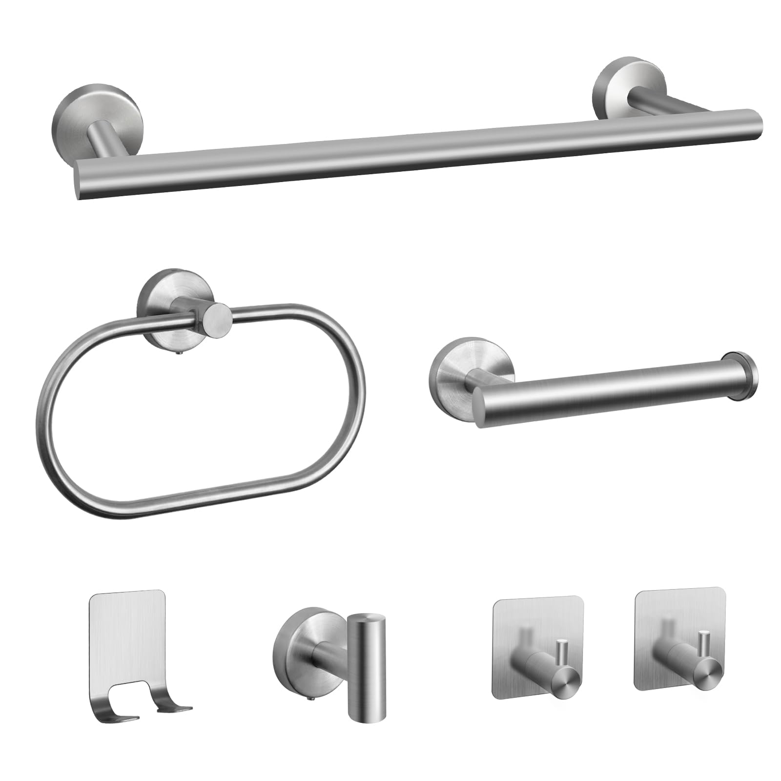 Photo 1 of 7 PCS Bathroom Hardware Set, Brushed Nickel Stainless Steel Bathroom Tower Rack Set Wall Mounted Includes 16" Towel Bar, Toilet Towel Paper Holder, Towel Ring, 4 Robe Towel Hooks