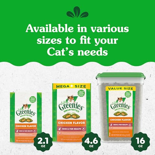 GREENIES CAT TREATS, FELINE SMARTBITES, SKIN & FUR HEALTH, CRUNCHY AND SOFT CAT TREATS, CHICKEN FLAVOR, 16 OZ. TUB