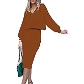 HUUSA Women 2 Piece Sweater Midi Pencil Skirt Set Fall Winter Split Dress Batwing Long Sleeve Oversized Top Casual Outfit