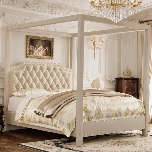Garvee Upholstered King Size Bed Frame with Canopy Poles and Headboard