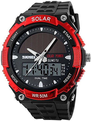 Fanmis Men's Solar Powered Casual Quartz Watch Digital & Analog Multifunctional Sports Watch Red