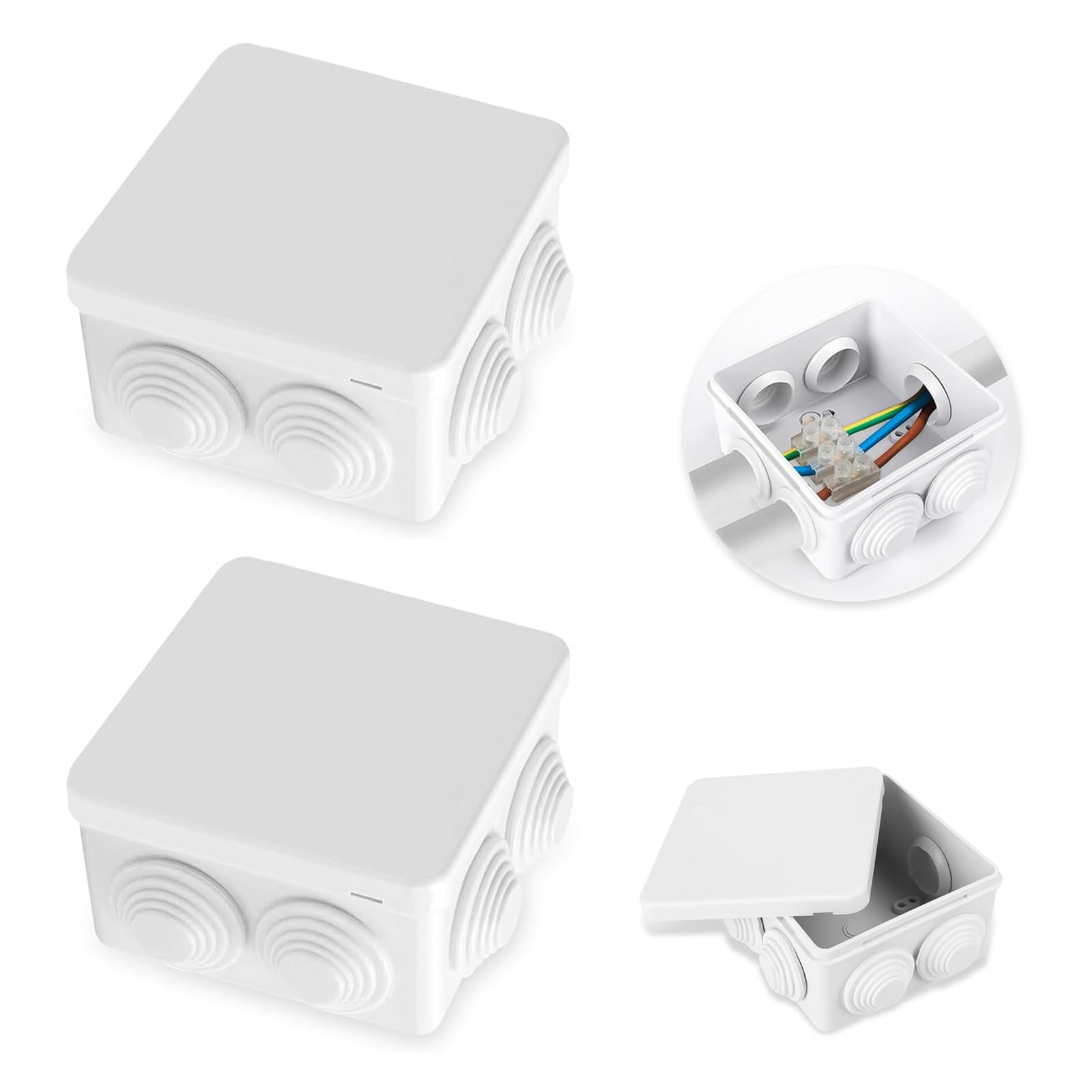 2 x IP65 Waterproof Junction Boxes, Electrical Project Box, Weatherproof Electrical Enclosure, Dustproof ABS Plastic Surface Mounted Box for Indoor & Outdoor Electrical Cables, 85x85x50mm (White)