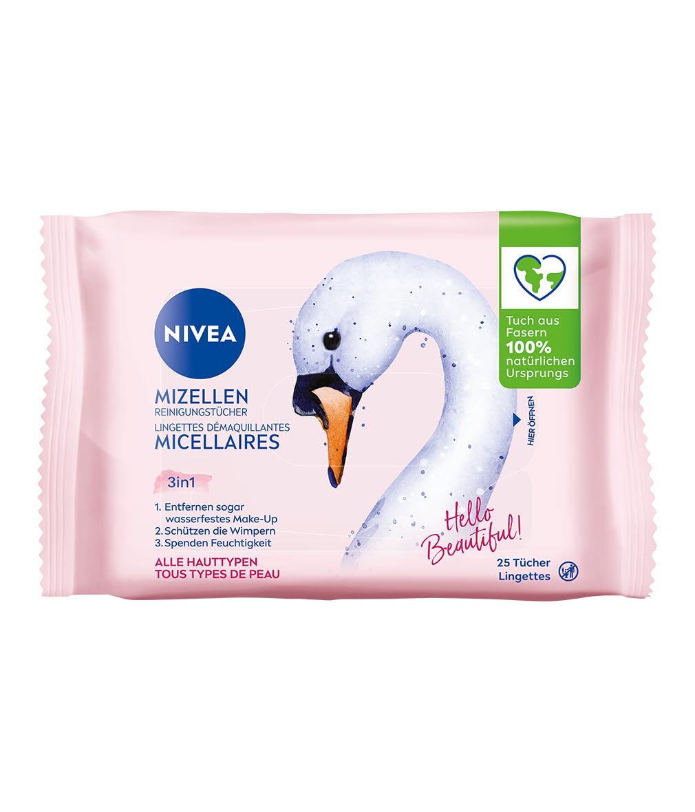 NIVEA 3-in-1 Hey Beautiful! Micellar Cleansing Wipes (Pack of 25), Gentle Facial Cleansing Wipes with Vitamin E, Make-up Wipes, Remove Makeup & Waterproof Mascara