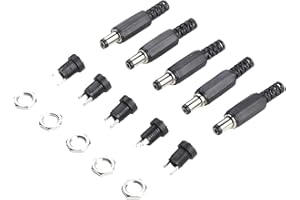 TreasureCave DC Power Connector 2.1mm x 5.5mm 12V Panel Mount Socket with Screw Terminal for Soldering, 5 Pairs of Male and F