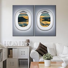 2 Panel Canvas Wall Art - Grey Plane Window Seat Over Cloudy Mountainside - Giclee Print Gallery Wrap Modern Home Art Ready to Hang - 16"x24" x 2 Panels
