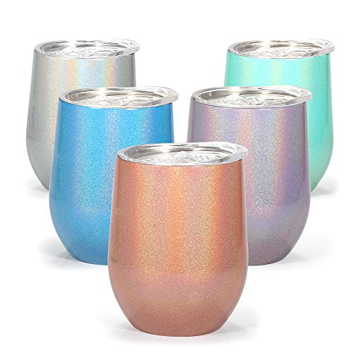 HOMFUL 12 oz Wine Tumbler, Double Wall Insulated Wine Glasses, Stainless Steel Stemless Travel Cup with Sealable Lids Perfect for Wine, Coffee, Drinks, Champagne, Cocktails