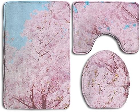 Bath Mat,3 Piece Bathroom Rug Set,Cherry Blossoms Flannel Non Slip Toilet Seat Cover Set,Large Contour Mat,Lid Cover For Men/Women