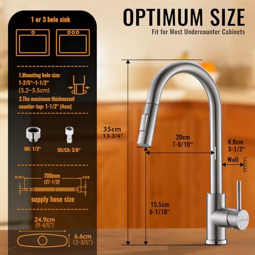 APPASO Grifo de cocina con rociador extraíble de níquel cepillado, grifo monomando de cuello de cisne moderno para fregadero con placa opcional de acero inoxidable