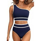Holipick High Waisted Bikini Sets - One Shoulder Two Piece Swimsuits Tummy Control Contrast Trim Bathing Suits Sexy Beachwear