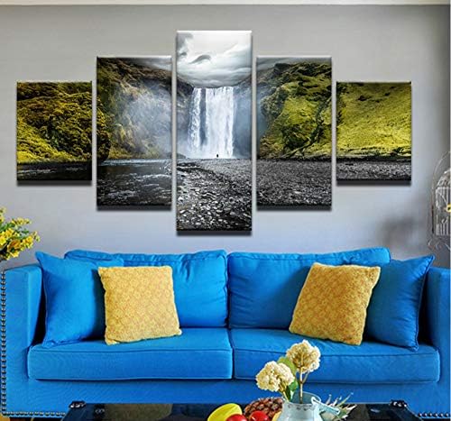 czxmp (No Frame) Wall Art Print Home Decoration 5 Panel Valley Waterfall Mountain Landscape For Living Room Modern Artwork Canvas Paintings