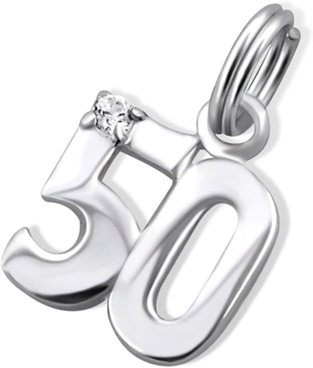 50th Birthday Charm Sterling Silver Split Ring with Cubic Zirconia Stone Amazon.co.uk