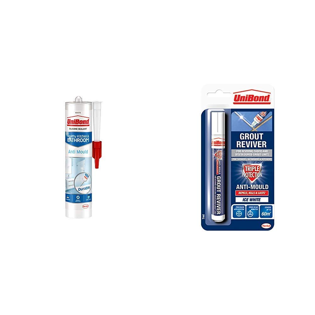 UniBond Anti-Mould White, Waterproof Mould Protection Kitchen & Bathroom Sealant & Grout Reviver Pen Bundle