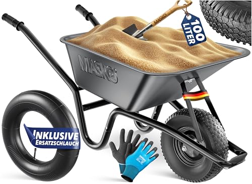 MASKO® Schubkarre Bauschubkarre Gartenschubkarre 100 Liter 250kg Luftreifen mit Stahlfelge + Ersatzschlauch Schubkarrenschlauch, verzinkt Stahlrahmen