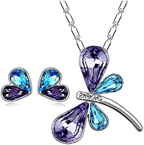 Caratcube Blue and Purple Austrian Crystal Dragonfly Shape Pendant Set With Earrings For Women (CTC - 21)