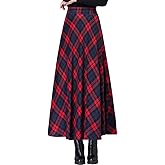 SUNYUESTAR Plaid Wool Skirts for Women Warm Elastic High Waist Plaid A-Line Pleated Long Skirt