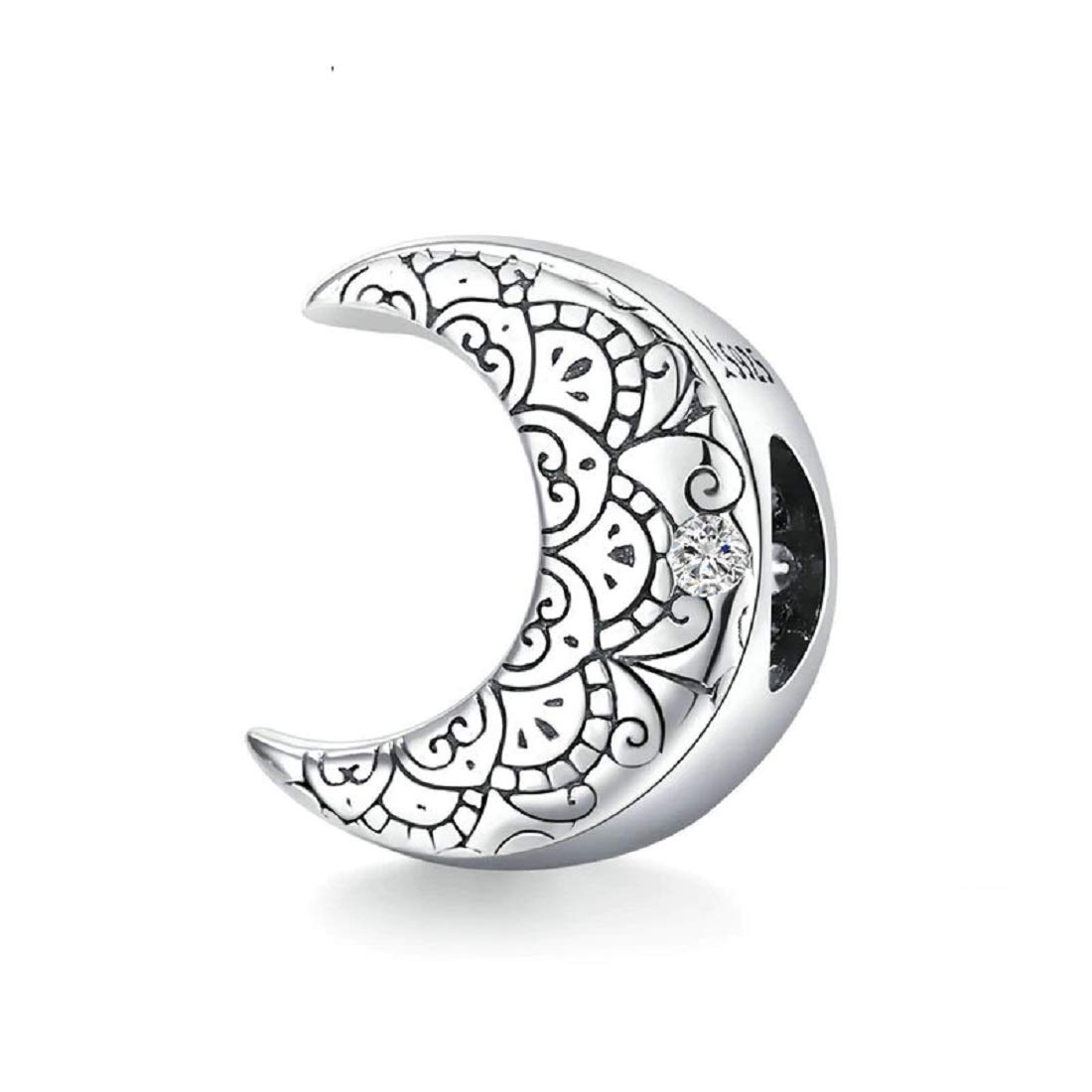 FeatherWish Vintage Retro Style Moon Crescent Family Love Bead Charm 925 Sterling Silver And Cubic Zirconia Compatible With Pandora Bracelet Or Necklace