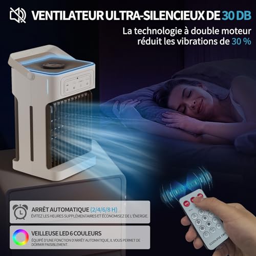Mobile Air Conditioner with Remote Control, 1100 ml Dual Motor and Fan Air Cooler, Mini Portable Air Conditioning Night Light 7 Colours 2-8H 3 Speed Timer, USB Air Conditioning for Bedroom Kitchen