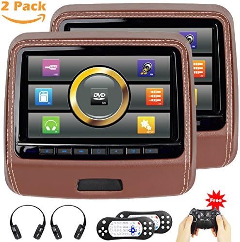 Touchscreen Headrest DVD Player for Car With Leather Cover USB SD 9 inch Screen IR Wireless Headphones HD 1080P Brown Pack of 2