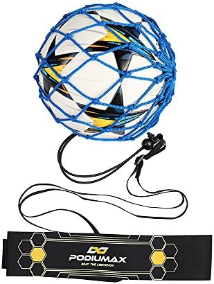 PodiuMax Hands-Free Soccer Kick/Throw Trainer, New Ball Locked Net Design, Adjustable Waist Belt & Cord Suit for All Levels (Fits Ball Size 3, 4, 5)