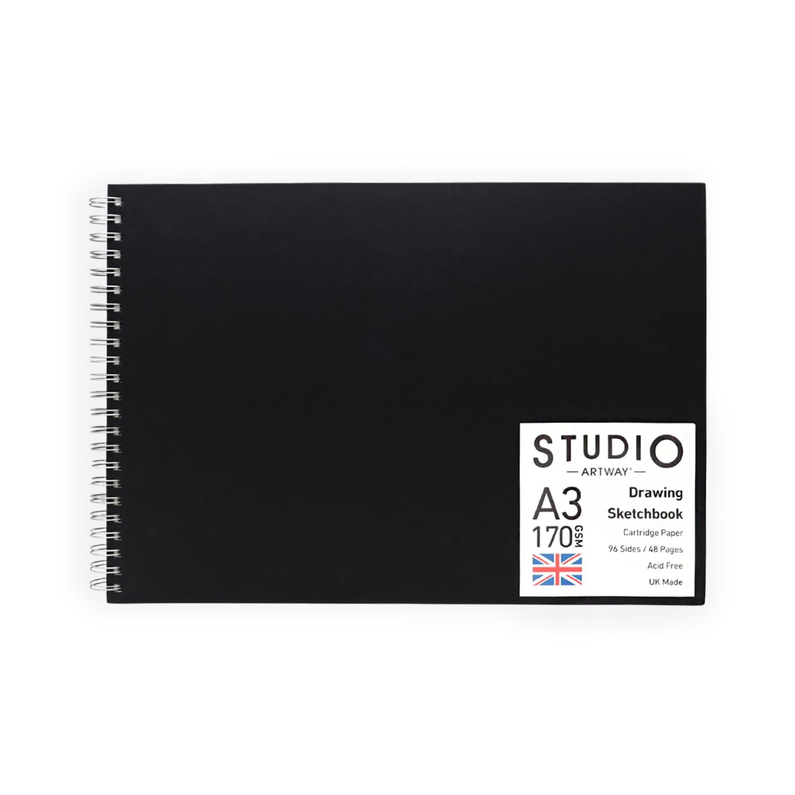 Artway Studio A3 Spiral Bound Sketchbook - Landscape - 48 Pages (96 Sides) of 170gsm Cartridge Paper - Black Hardcover Drawing Pad for Sketching, Drawing & Illustration
