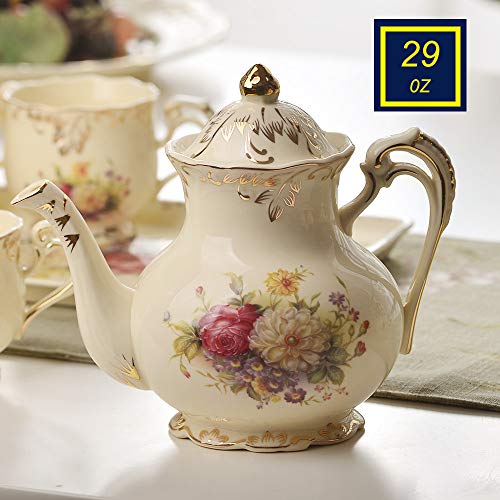 YOLIFE Flowering Shrubs Ivory Ceramic Tea Set,Porcelain Tea Cups Set,Tea Party Service Set for Adults