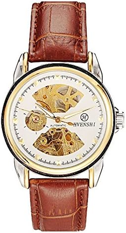 HVENSHI Men's Gold Skeleton Self-Winding Auto Mechanical Leather Wrist Watch YSW022G, Brown / White