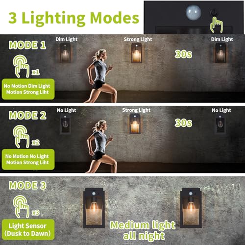 MDENLT 2 Pack Solar Porch Lights Outdoor,Solar Wall Lights with 3 Modes&Motion Sensor,Dusk to Dawn Sconce Lights Wall Mount,Exterior Wall Lantern Light Fixture for House,Garage,Patio,Shed,Black
