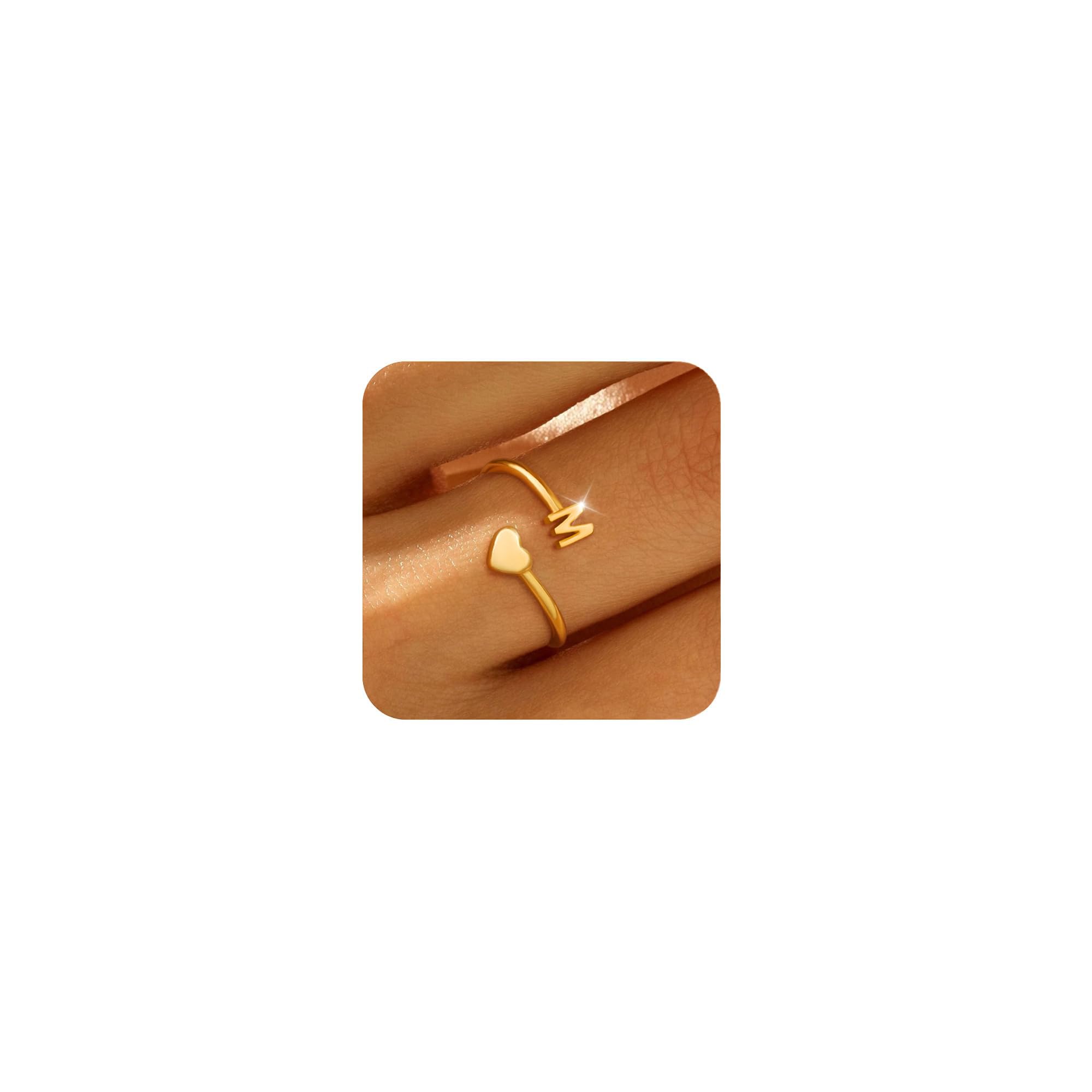 Photo 1 of Honsny Gold Initial Rings for Women Non Tarnish 18K Gold Plated Heart Initial Stackable Rings Adjustable Pinky Rings for Women Cute Dainty Alphabet Capital Letter Rings Jewerly Gift