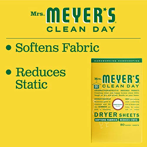 MRS. MEYER’S CLEAN DAY DRYER SHEETS, FABRIC SOFTENER, REDUCES STATIC, INFUSED WITH ESSENTIAL OILS, HONEYSUCKLE, 80 COUNT