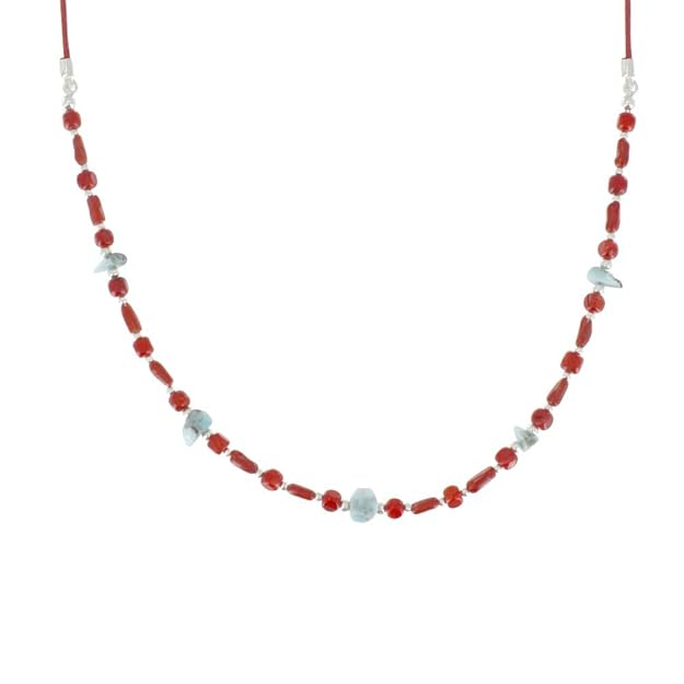 Schmuck Les Poulettes - Halskette Rot Leder Schnur Koralle Bambus Perlen und Larimar Nuggets