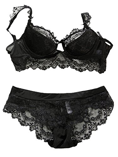 Women's Exotic Lingerie Set Sexy Bra and Panty Set Plus Size for Girls Lady Padded Breathable Thin Sexy Lace Brief Underwear Set 42D Black