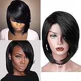 HANNE Side Swept Bangs Wig Short Synthetic Hair Bob Wigs for Women (1B)
