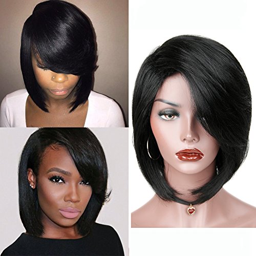 HANNE Side Swept Bangs Wig Short Synthetic Hair Bob Wigs for Women (1B)