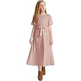 LaBeca Girls Casual Butterfly Sleeve Elastic Crew Neck Floral Printed Solid Color High Waist Midi Belted Dress with Pocket