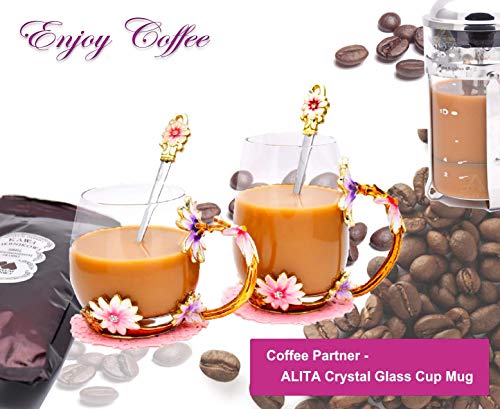 ALITA Luxury Handmade Pink and Purple Flower Crystal Glass Tea Cup/Coffee Mug with Spoon Gift Set (11oz)