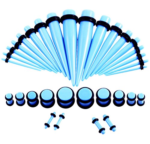 JDXN 52 Pieces Acrylic Gauge Kit Spiral Tapers Tunnels and Plugs 14G-00G Ear Stretching Starter (Light blue spot) - Thumbnail 3