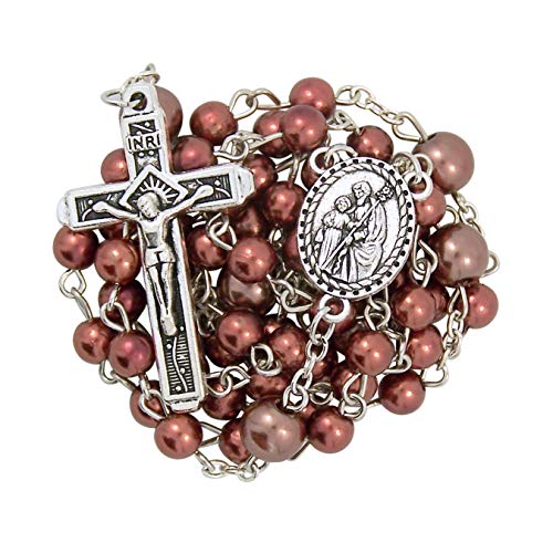 Brown Imitation Pearl Bead Rosary with Saint Joseph Centerpiece