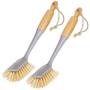 mDesign Bamboo Long Handled Dish and Bottle Brush, Food Scraper, Stiff Bristles - Wet Cleaning Scrubber - Wash Dishes, Pots, Pans - for Kitchen Sink, Bathroom, Household - 2 Pack - Gray/Natural Wood